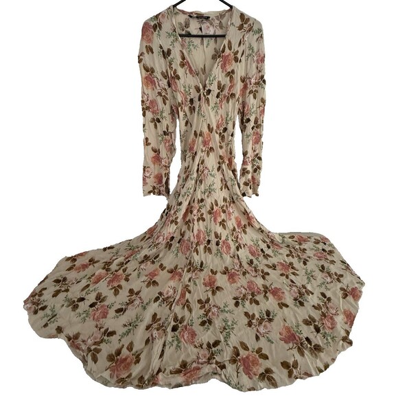 Zara Cream Floral Print Maxi Dress Women Size S Long Sleeve Romantic Flowy Boho - Picture 6 of 16